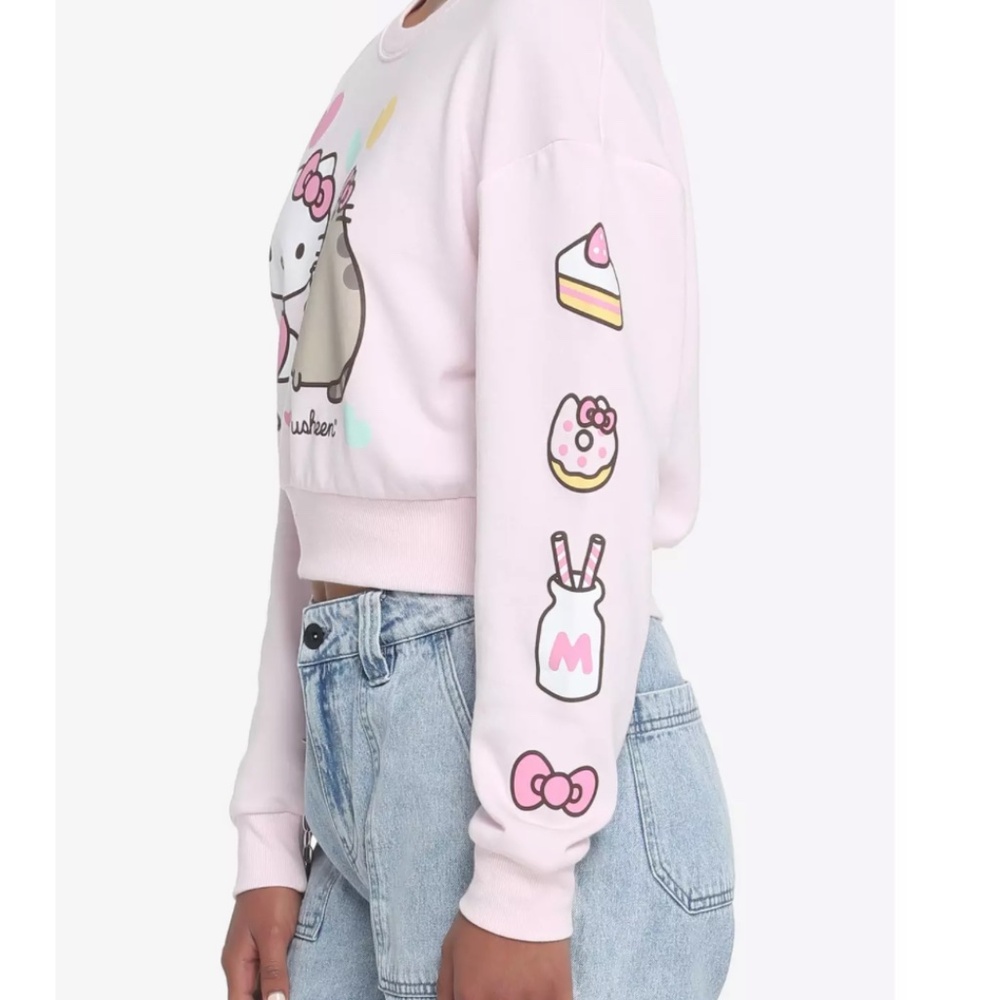 Hello Kitty x Pusheen Sweets Girls Crop French Terry Sweatshirt Pink Size Large - Picture 2 of 7